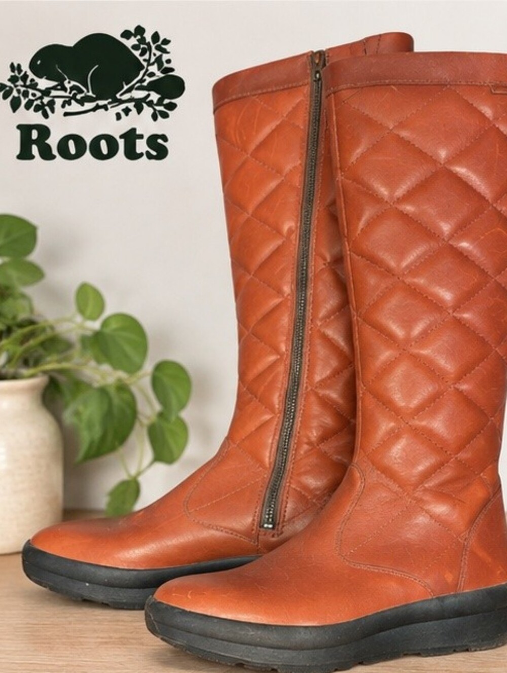 Roots Leather Quilted Tall Boots Brown Wool Lined Size 10 Zip Winter Riding